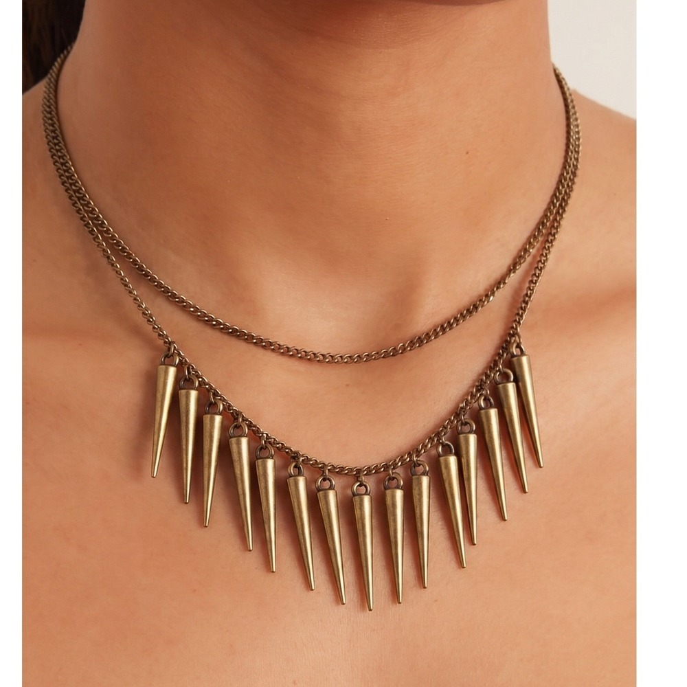 Antique Look Brass Spike Fringe Double Layer Statement Necklace Punk Rock Edgy